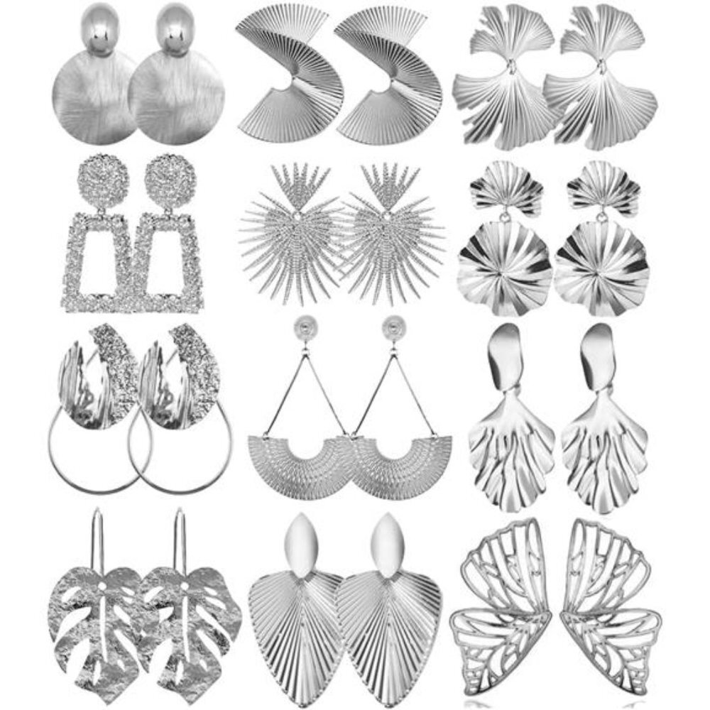 12 Pair Pack Silver Geometric Earrings Statement Drop Dangle Earring Pack